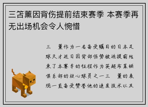 三笘薰因背伤提前结束赛季 本赛季再无出场机会令人惋惜